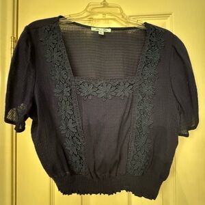 She + Sky Navy Floral Embroidered Blouse